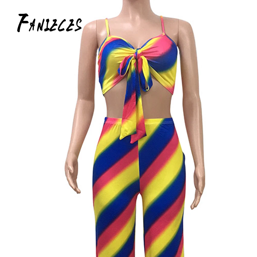 

Women sexy club wear two piece set summer crop top wide leg pants striped patchwork tops and pants sets suits ensemble femme