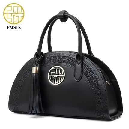 Black PMSIX новые винтажные сумки из коровьей кожи, китайский стиль, сумка на плечо, красная/черная вышивка, свадебные модные сумки-тоут P120024 - Цвет: Black