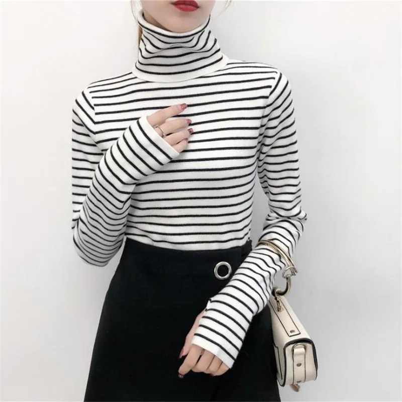 Chic Wind Knitted Sweater And Pullovers Women 2019 Fashion High Collar Striped Slim Pullover Classic Wild Basic Sweaters D716 | Женская