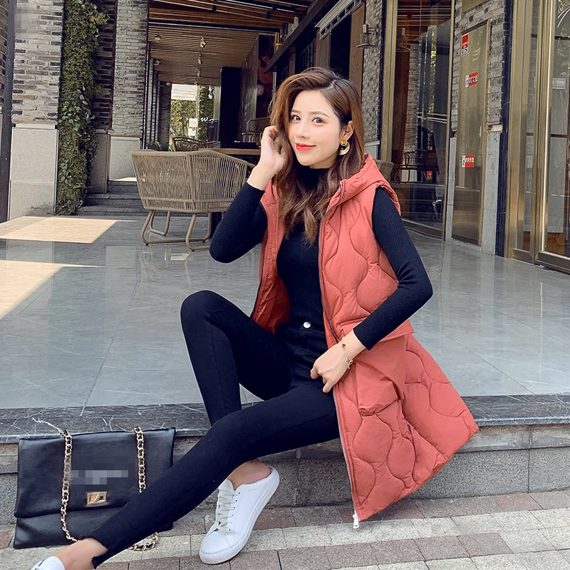 Women Hooded Long Vest Jacket Gilet Sleeveless Waistcoat Women's Outerwear with Hood