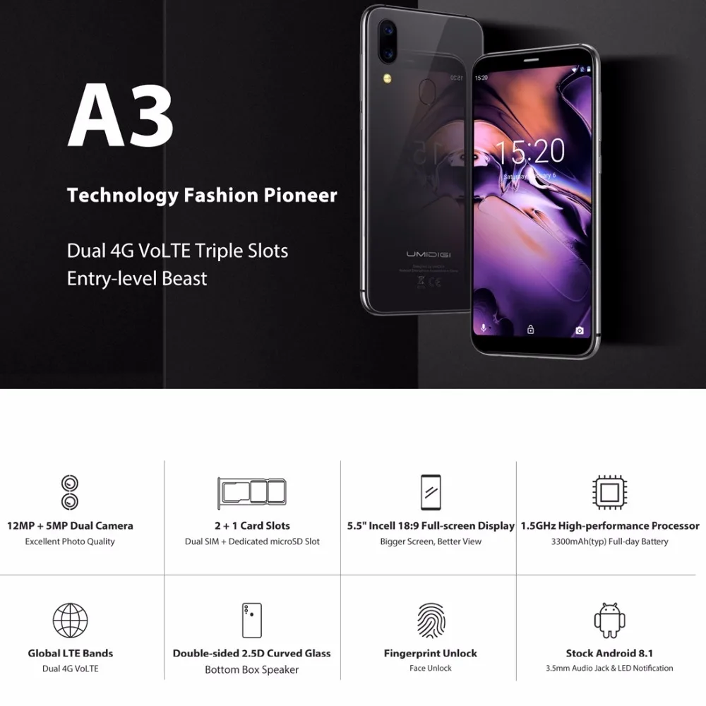 UMIDIGI A3 Смартфон с 5 5-дюймовым дисплеем четырёхъядерным процессором ОЗУ 2 Гб ПЗУ 16 12