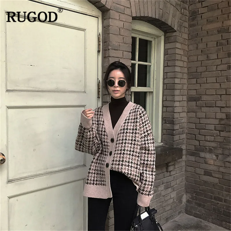 RUGOD винтажные Модные клетчатые женские кардиганы 2018 новые v-образный вырез