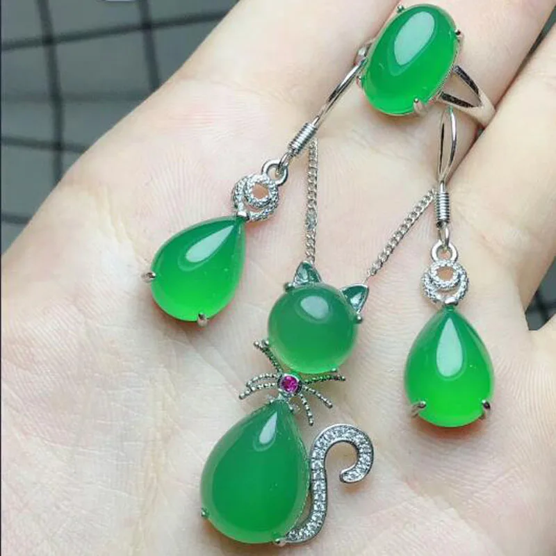 

Boutique Jewelry 925 Silver Encrusted Green Chalcedony Cat Shape Drop Earrings Ring Sets Women Party Gift Free Chain