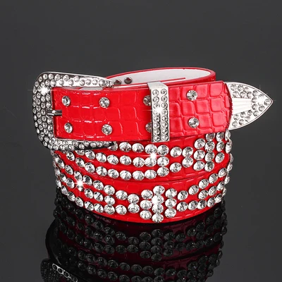 Red 18 PU Женские дизайнерские роскошные стразы, широкие ремни, однотонный ремень из воловьей кожи для женщин, модный Леопардовый яркий ремень с кристаллами для джинсов - Цвет: Red 18 PU