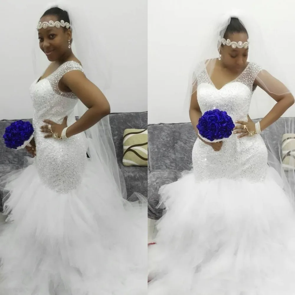

Top Sale Deep V Neck Allover Beads Mermaid Wedding Dresses Tulle Court Train Ruffles