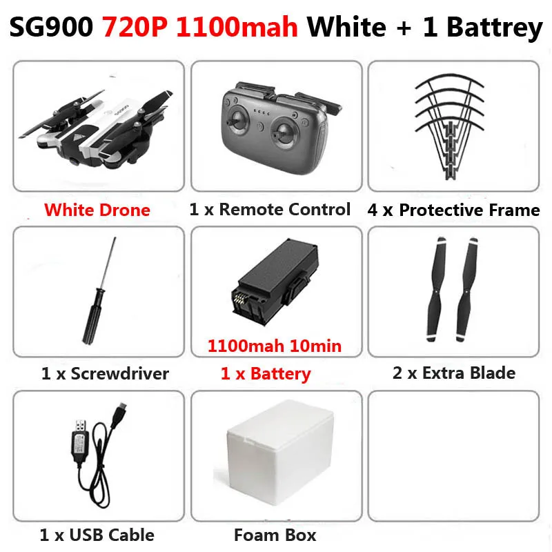 720P 1100 White 1B F SG900 Профессиональный WiFi FPV Дрон 720P 4K HD Двойная камера оптическая воздушная видео RC Квадрокоптер самолет Квадрокоптер игрушки X192 - Цвет: 720P 1100 White 1B F