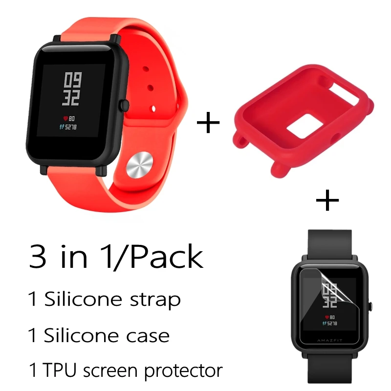 3в1/упаковка силиконовый мягкий ремешок для Xiaomi Huami Amazfit Bip BIT Молодежные часы браслет резиновый Amazfit bip чехол Крышка - Цвет: Красный
