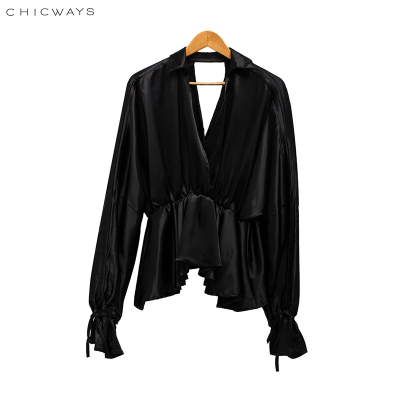 CHICWAYS Мода печати шелковые Сатиновые блузки свободные для женщин V шеи Ruched Drawstring