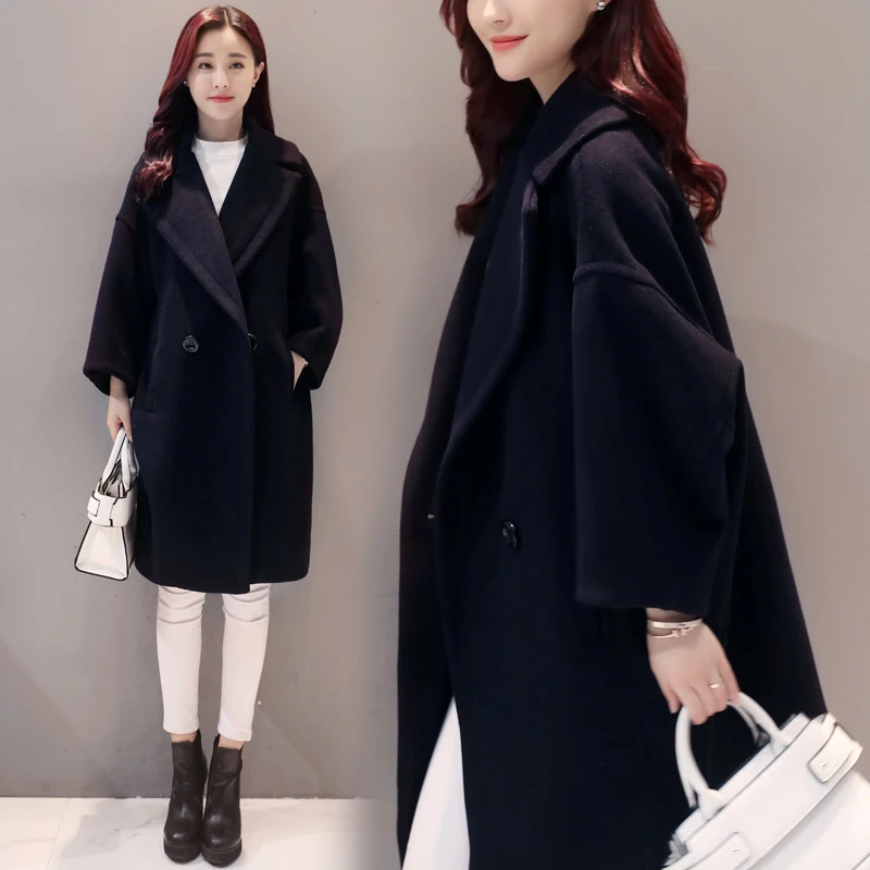 Женское шерстяное пальто-кокон свободное темно-синее пальто средней длины