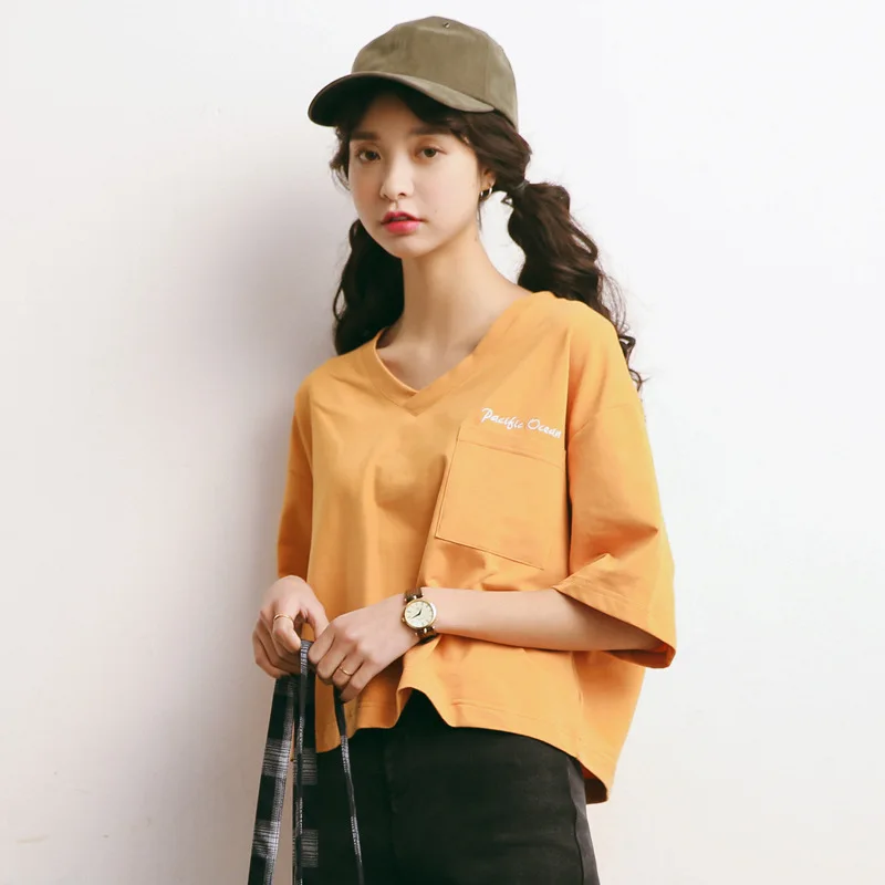 summer t-shirts loose V-neck letter embroidery cotton t-shirt women short-sleeve black white and orange crop top A595 | Женская одежда