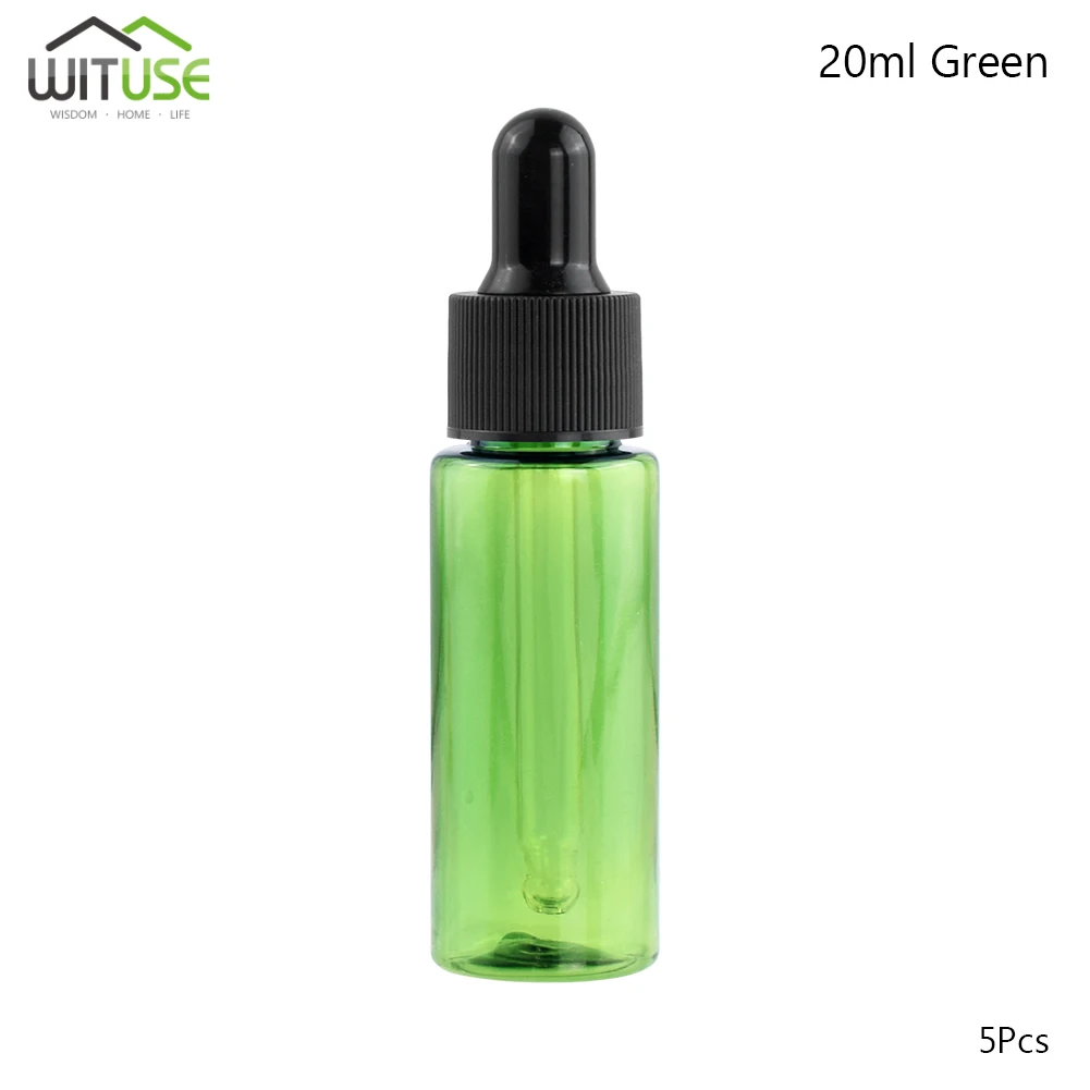 20ml Green 5x10 мл 15 мл 20 мл пустая ПЭТ пластиковая бутылка стеклянная капельница масляный флакон для эфирных масел многоразового использования капля Пипетка для жидкости бутылки 4 цвета - Цвет: 20ml Green