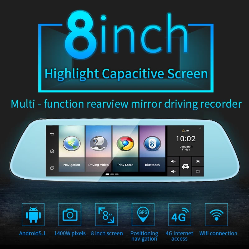 Автомобильный видеорегистратор RoverOne 8 дюймов Android GPS навигация 4G Wi Fi Bluetooth HD видео