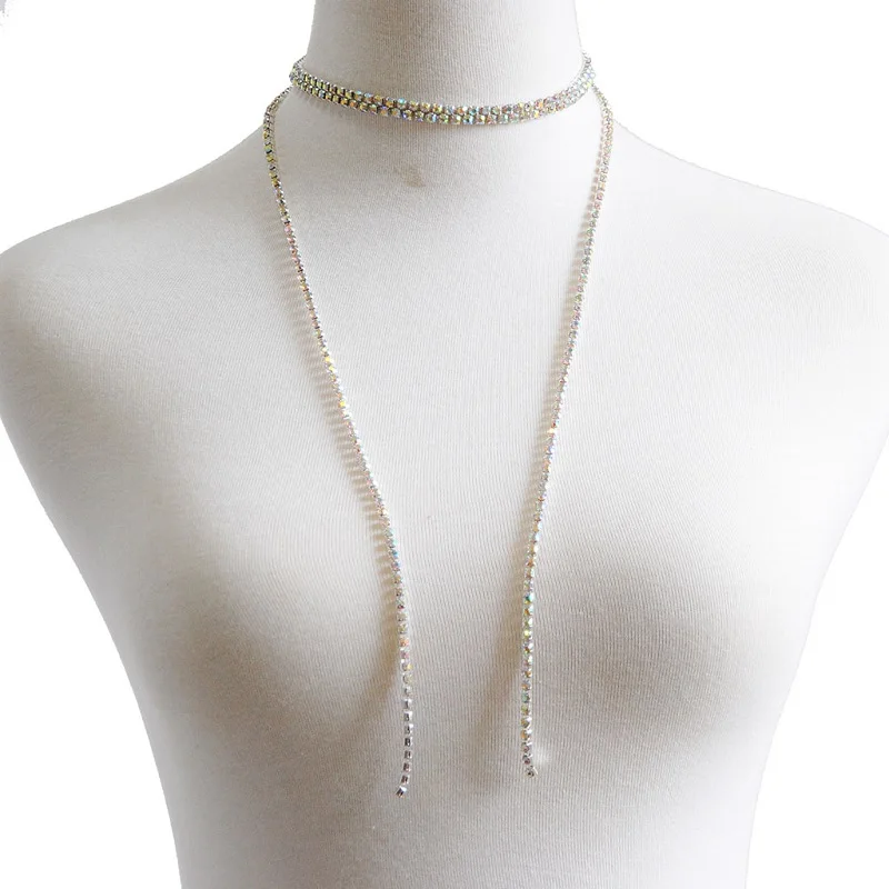Choker Necklace Women Multi Row Full Crystal Wedding Party Prom Christmas Long Necklace Sexy Gold Rhinestone Statement Chocker