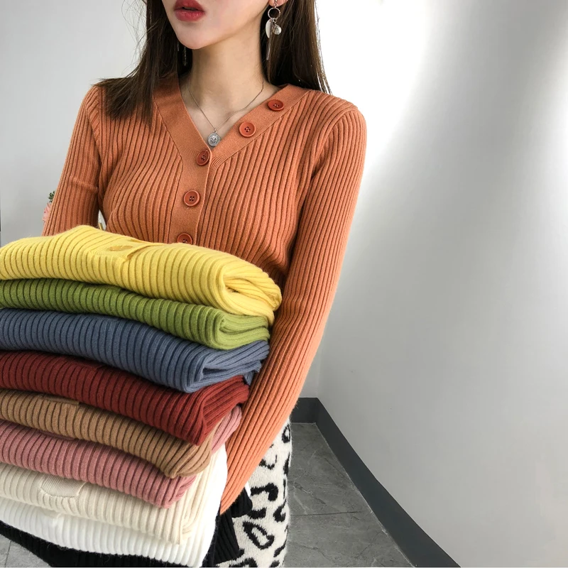 Casual V-neck Knitted Sweater Women Fashion Button Soft Jumper Female Slim Elastic Pullovers 2019 Autumn Knit Tops | Женская одежда