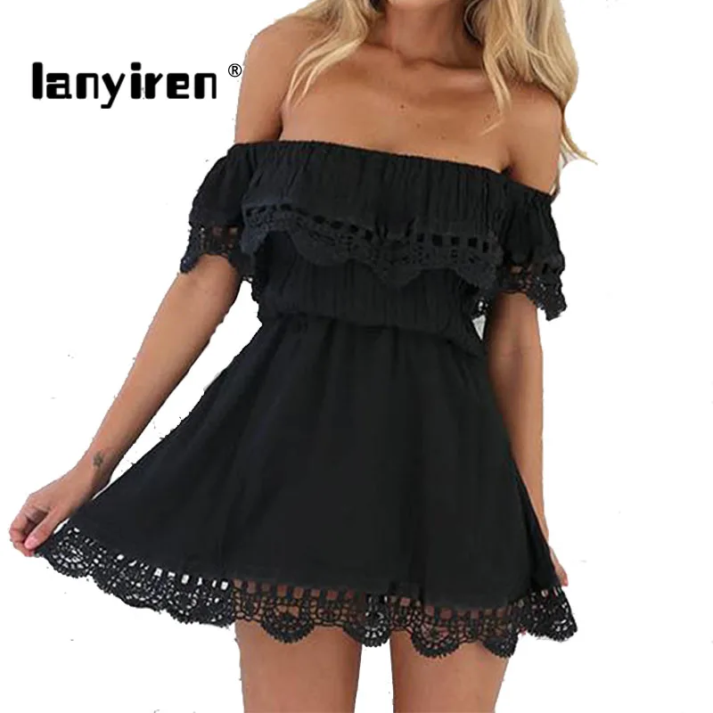 Лето сарафан черный женщины dress элегантный vintage sweet кружева белый стильный