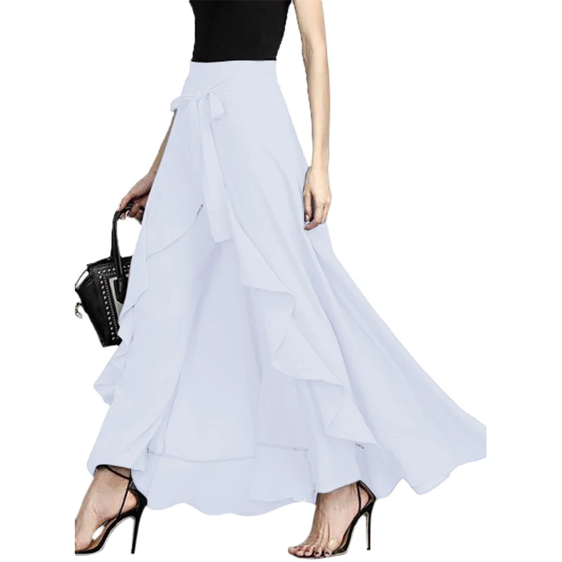 2019 Women Chiffon Tie-Waist Ruffle Pants Solid Color Long Trousers Ruffled Hem For Ladies 847349 | Женская одежда