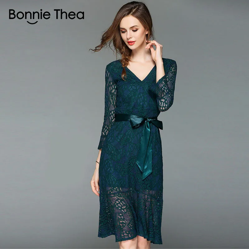 Bonnie Thea женское однотонное кружевное осеннее платье русалки 2018 зеленое