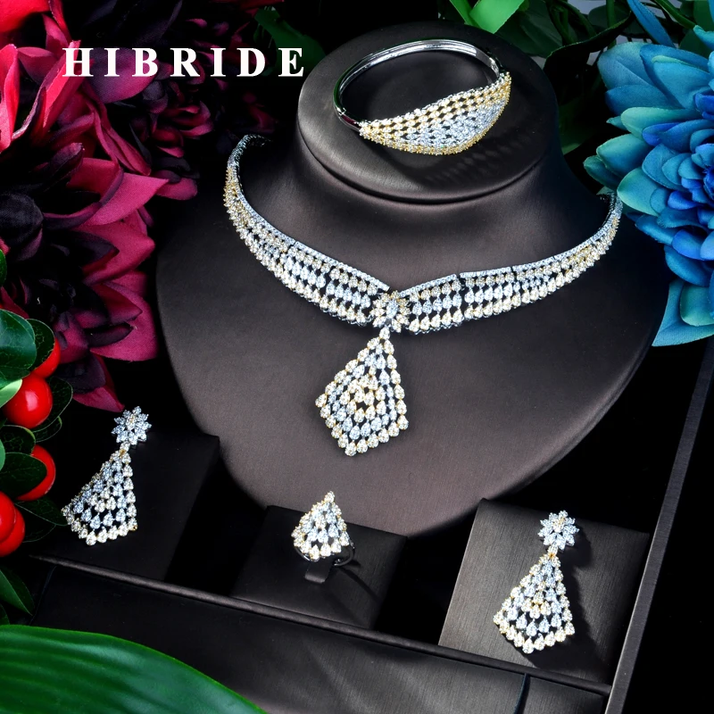 HIBRIDE модный дизайн кулон двойной тон Дубай большой ювелирный набор CZ серьги ожерелье женский свадебный комплект ювелирных изделий подарки ...