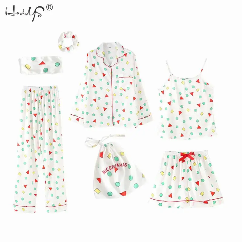 Stripe Printing Women's 7 Pieces Pajamas Sets Emulation Silk Satin Pajamas Women Sleepwear Sets Spring Summer Autumn Homewear