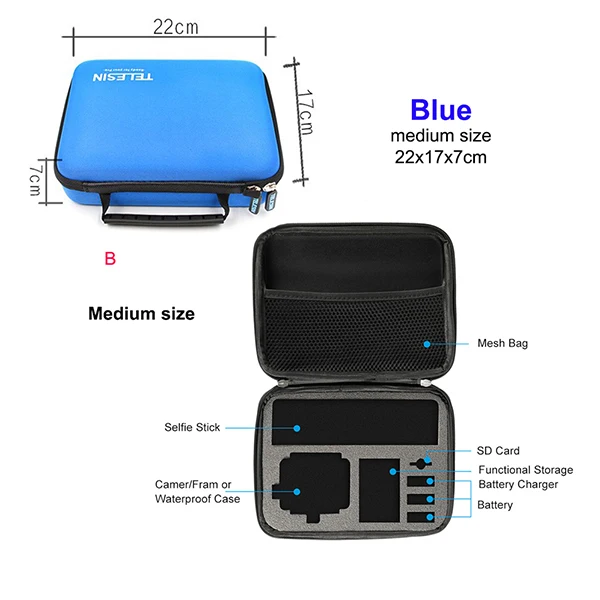 Blue M size TELESIN Защитная сумка для хранения EVA коробка чехол для Gopro Hero 7 6 5 4 Xiaomi YI 4k SJCAM SJ4000 5000 eken сумки сумка для камеры - Цвет: Blue M size