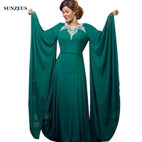 maxi long sleeve mother of the bride dress green chiffon saudi arabic caftan beaded neckline women party gowns for wedding cm092