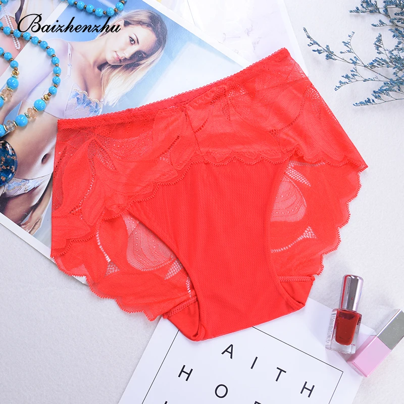 Baizhenzhu 2018 New hots sale semi transparent sexy women briefs lace underwear plus size Middle waist panties for girls |