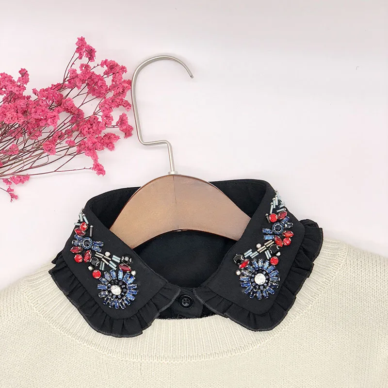 

New Fashion Women Colorful Rhinestone Collar White Black Chiffon Lace Peter Pan Fake Shirt Detachable Collar for woman's dress