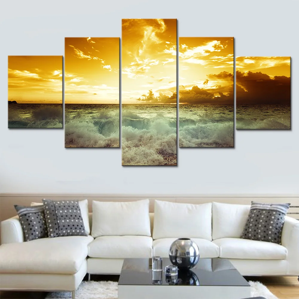

Modern Home Living Room Frame Canvas Decoration Wall Picture Modular Art Painting HD Golden Sky Beach Surf Scenery Poster Print