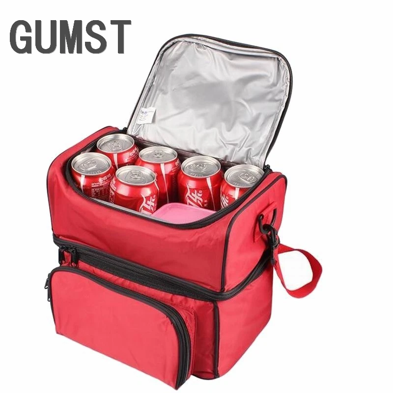 

GUMST 12L Insulated Lunch Bag Reusable Large Cooler Tote Bag for Meal Prep with 2 Main Compartments Double Decker Red Women