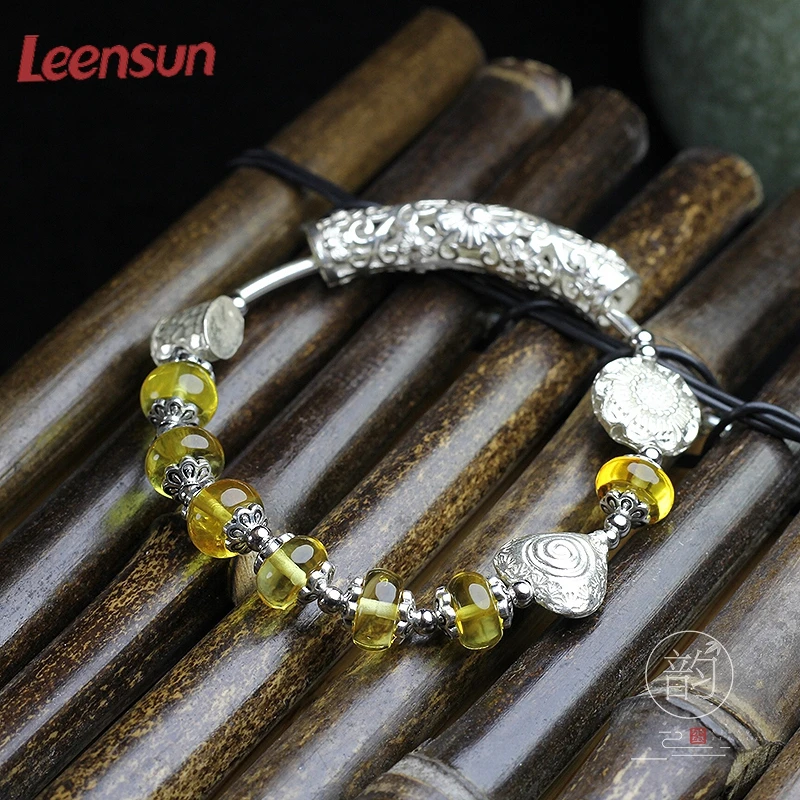Leensun ювелирные изделия, ручной работы 925 серебро с янтарные бусы браслет/браслет подарок для женщин