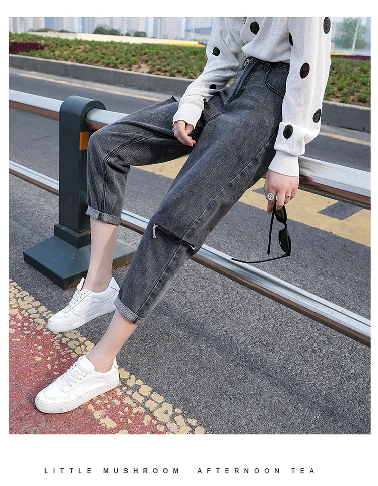 Женские винтажные джинсы с дырками рваные высокой талией прямые в стиле ретро