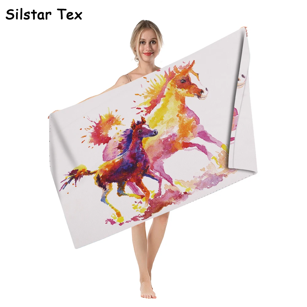 

Silstar Tex Watercolor Painting Beach Towels Microfiber Horses Colorful Shower Towel Super Absorbent Mat