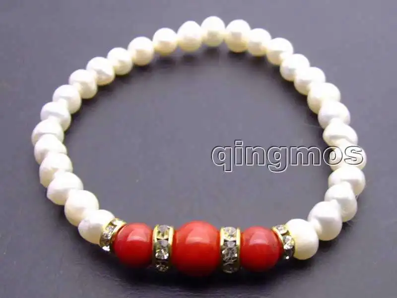 Qingmos 6-7mm Round Natural White Pearl Bracelet for Women with Red Coral Stone 7.5&quot Jewelry Bra292 | Украшения и аксессуары