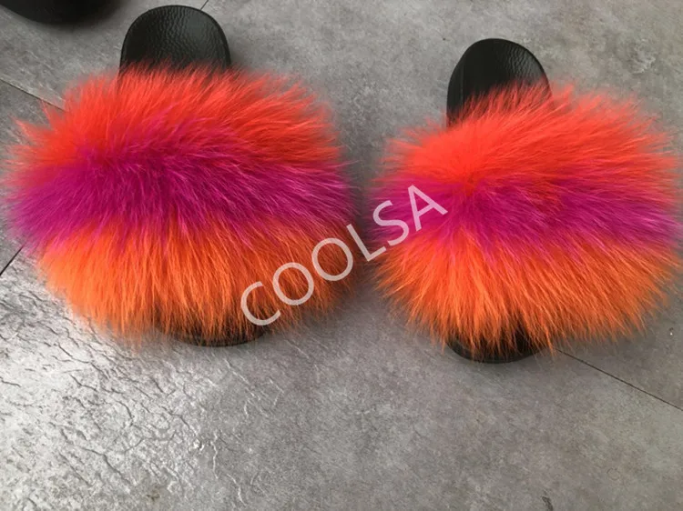 Women's Summer Fur Slippers Indoor Warm Fluffy Plush Home Shoes Woman Real Fox Hair Fur Slides Furry Sandals Female Flip Flops