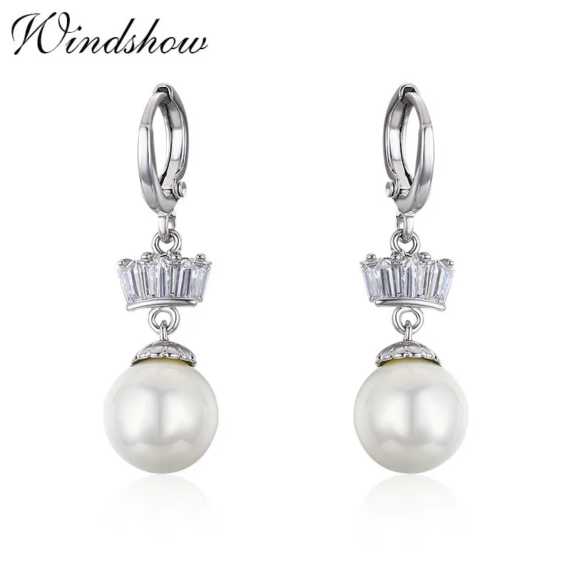 White Gold Color Aulic Hoop Link Crown CZ & Faux Pearl Ball Drop Dangle Earrings For Women Jewelry Bijoux|dangling earrings for women|dangle drop