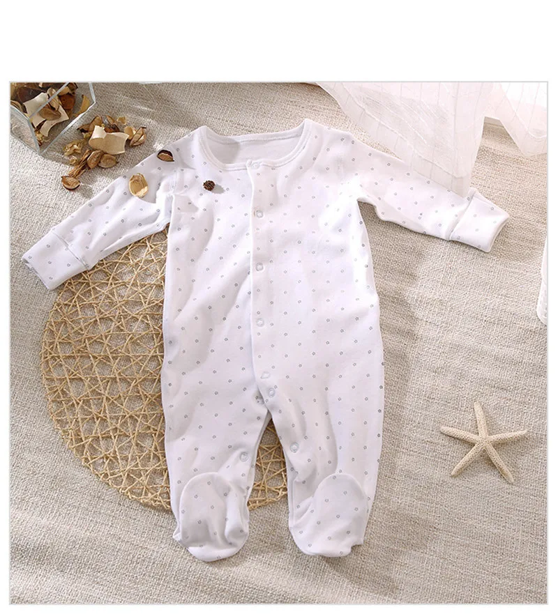 Baby Footed Pajamas with Snap Button Cotton White with Dot Cute Baby Clothes Sleepers 0-3 Months