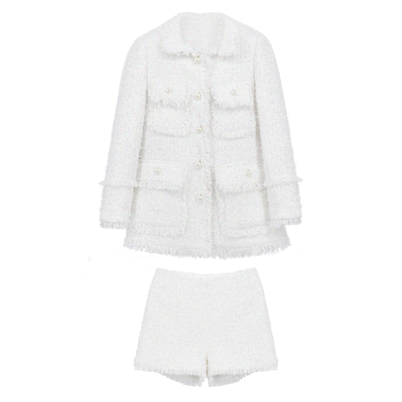 European and American women's wear for spring 2021  Seven-point sleeve stud beaded single breasted hoodie  shorts  Fashion suits