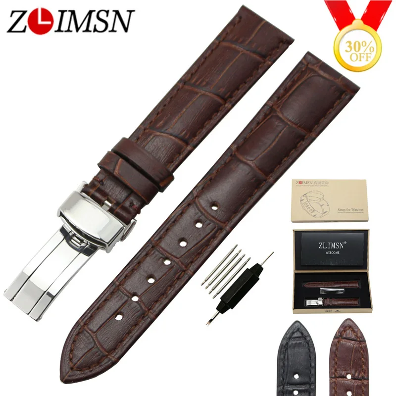 

ZLIMSN Genuine Leather Watchband 18mm 20mm Black Brown Watch Band Strap Single Push Butterfly Buckle Clasp Relojes Hombre 2017
