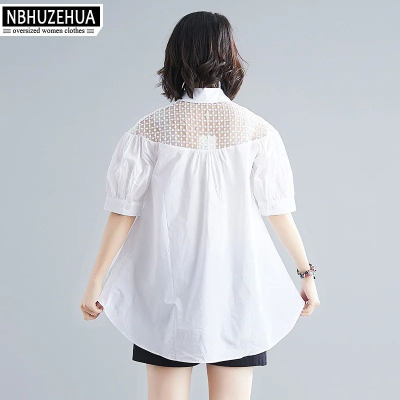 Блузка NBHUZEHUA 2019 из хлопка с милым кружевным вставками, белая, с короткими рукавами, летняя, больших размеров, рубашки 4XL XXXL 19-D203