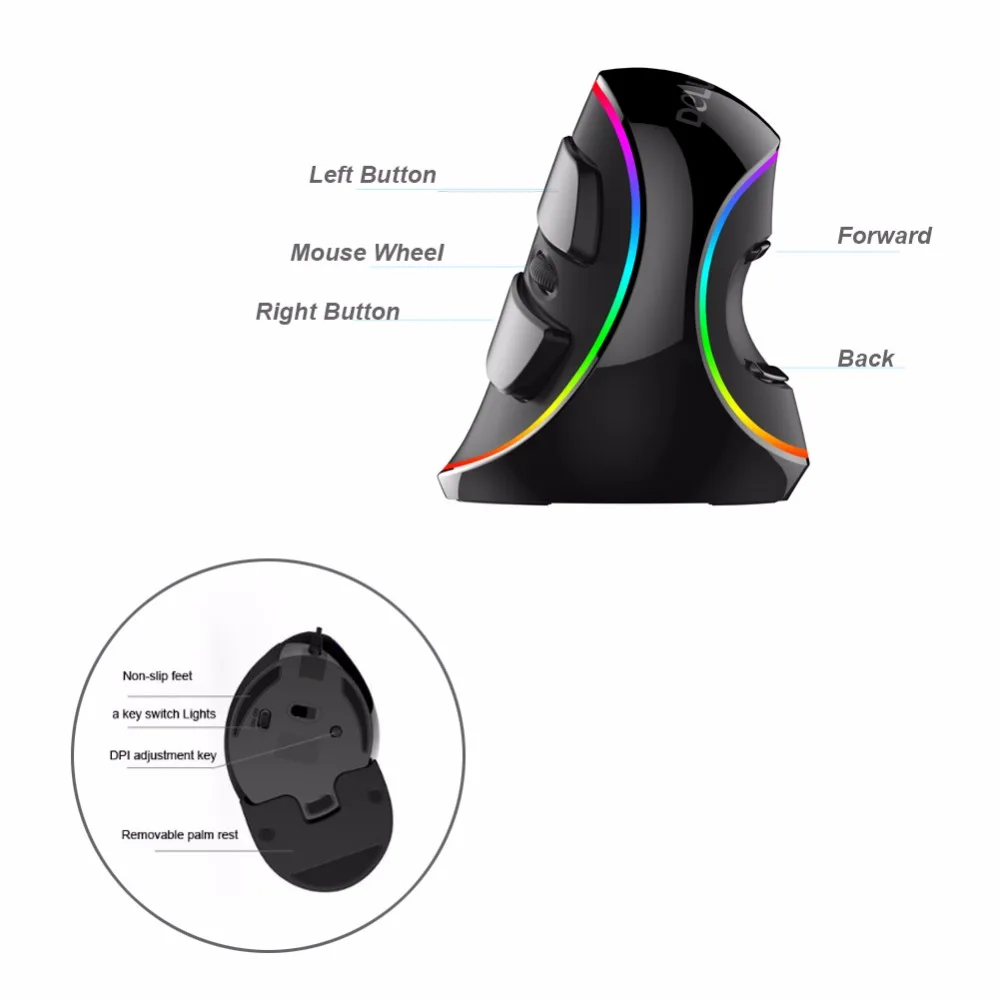 Delux M618 Plus Проводная Вертикальная Эргономичная оптическая мышь RGB Light 4000 точек/дюйм