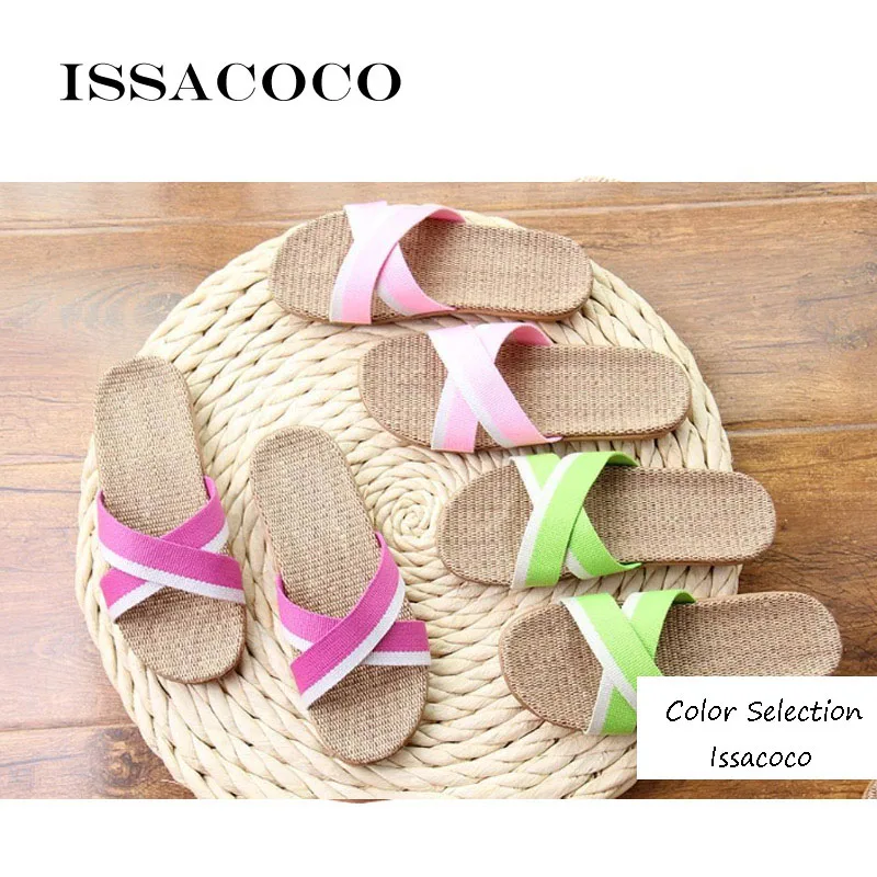

ISSACOCO New Women's Summer Cross-tied Linen Slippers Mixed Colors Hemp Flax Slippers Home Slippers Beach Slippers Zapatillas