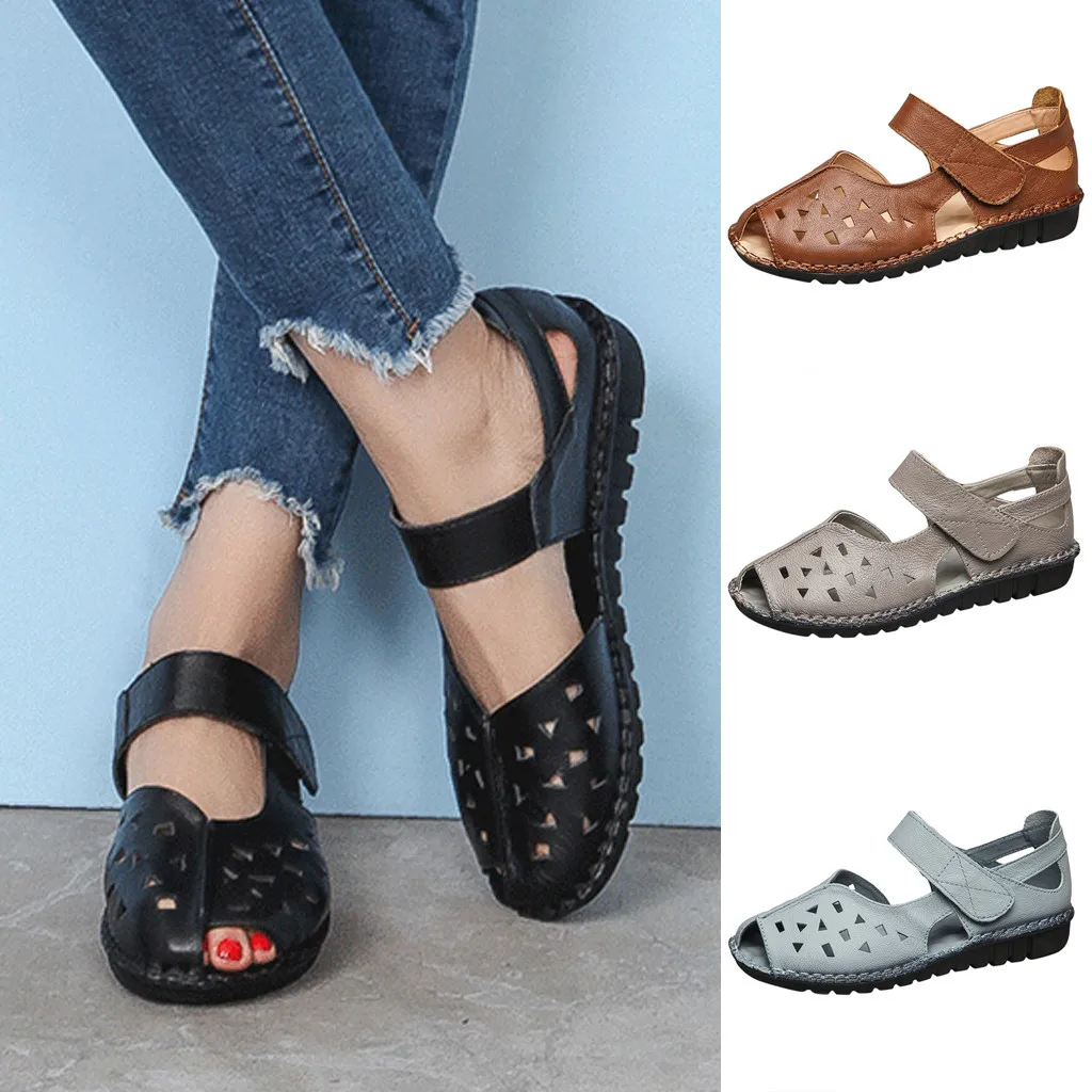 Women's Sandals Soft Bottom National Fish Mouth Ladies Summer Hollow Flat Shoes Female Beach Chaussures C40# | Обувь