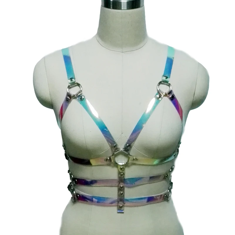 Sexy Punk  Women Men Holographic Vinyl PVC Body Belt Hologram Rainbow Bonage Top Bra Caged Leather Belt Waist Straps