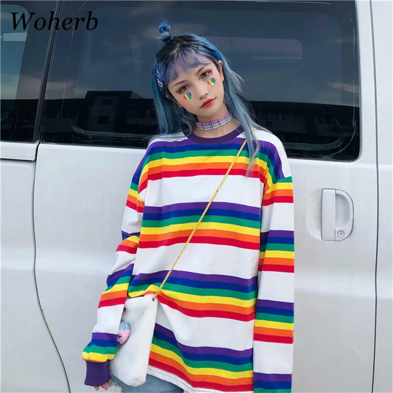 Woherb Harajuku футболка в радужную полоску 2020 летняя рубашка с длинным рукавом женская