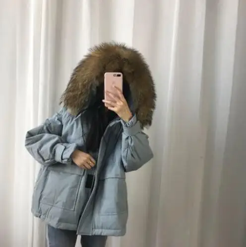 Real Fur Куртка-пуховик на 90% белом утином пуху, Женская свободная парка с капюшоном, большие размеры, пальто с воротником из натурального меха енота, зимнее пальто для женщин - Цвет: Real Fur