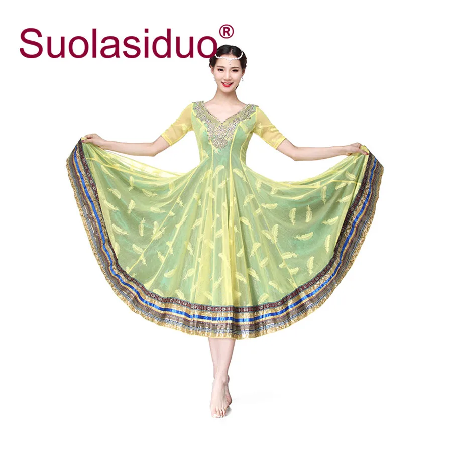 

Yellow Green Belly Dance Costume 2019 New Indian Dress Bollywood Dress Stage Performance Skirt for Women Big Swing Skirt Costume