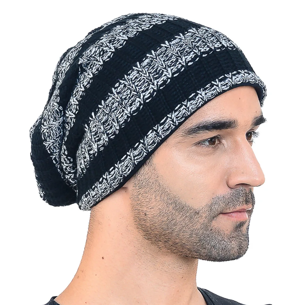 Для мужчин Сутулиться Beanie Кепки На зиму высокого качества акрил полосатый вязать