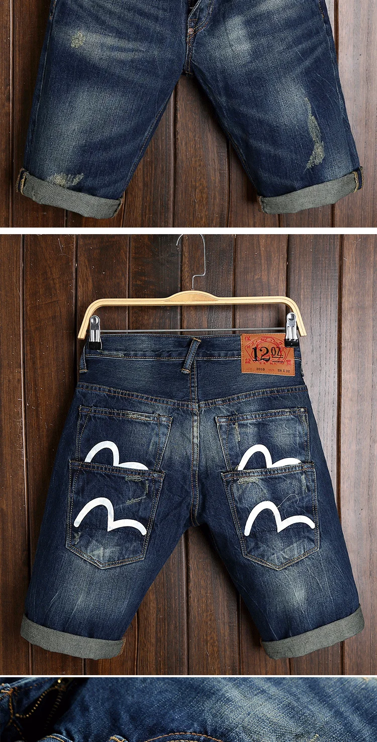 Аутентичные Evisu Новые Полки высокое качество мужские повседневные джинсовые шорты дышащая стирка по колено Модные мужские прямые брюки