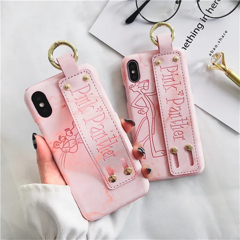 Чехол для iphone X XS MAX XR 6s с розовой пантерой бумажник подставкой и ремешком на руку