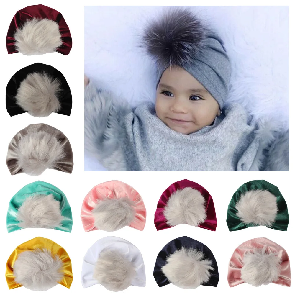 

baby caps Autumn Winter Baby headban Turban Hats Children Velvet Indian Hat Kid Beanie Pompom Bohemia Hat Warm newborn Girl Caps